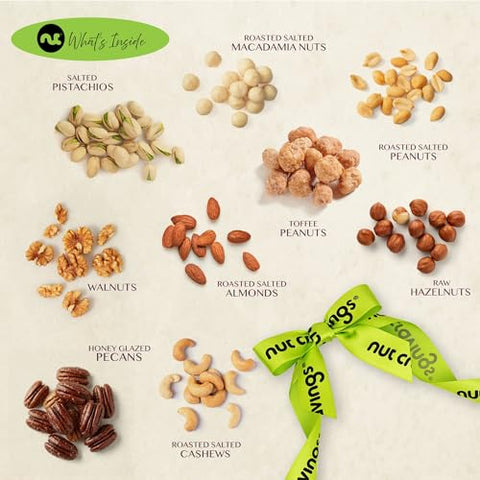 NUT CRAVINGS - Purim Mishloach Manot Mixed Nuts Gift Basket in White Gold Box (9 Assortments) Ramadan Gifts Treats for Adults, Food Arrangement, Healthy Snack Care Package, Kosher