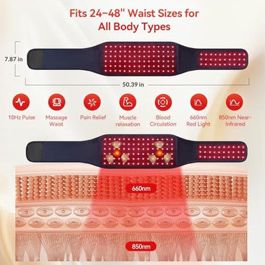 Evateale Red Light Therapy Belt For Body Cordless Infrared Therapy Belt For Back/Abdomen Waist Wrap With Pulse/Vibration Massage & Timer Pain Relief Muscle Relaxation & Circulation Boost For Parents