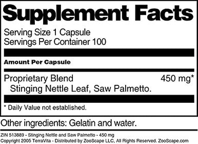 Terravita Stinging Nettle And Saw Palmetto - 450 Mg (100 Capsules, Zin: 513889)