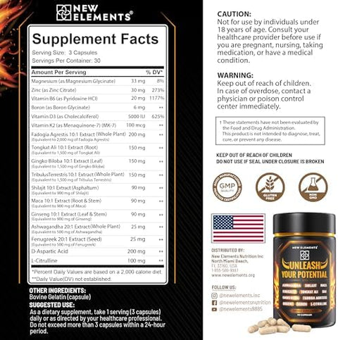 Elements Natural Testosterone Booster Supplement For Men Test Booster With Tongkat Ali Fadogia Agrestis Shilajit Ashwagandha Ginseng Tribulus Boron Daa L-Citrulline D3 K2 Zinc & Magnesium
