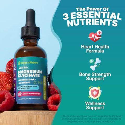 Drops Of Nature Magnesium Glycinate Vitamin K2 & D3 Supplement Gmo-Free Vit D Mk7 K2 Vitamin Supplement & Magnesium Blend With Nutrients For Bone Nutrition & Cardiovascular Function (Mixed Berry 60 Ml)