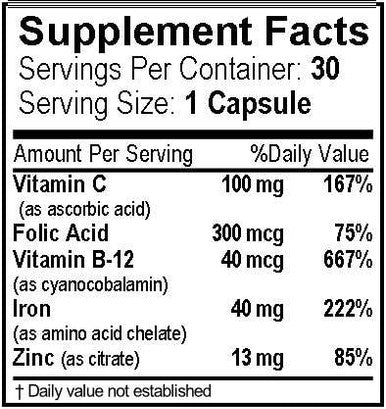 Iron+ With Vitamin C, Folic Acid, B-12 & Zinc Preservative-Free, Gentle And Non-Constipating Formulated For Maximum Absorption. 30 Veggie Caps