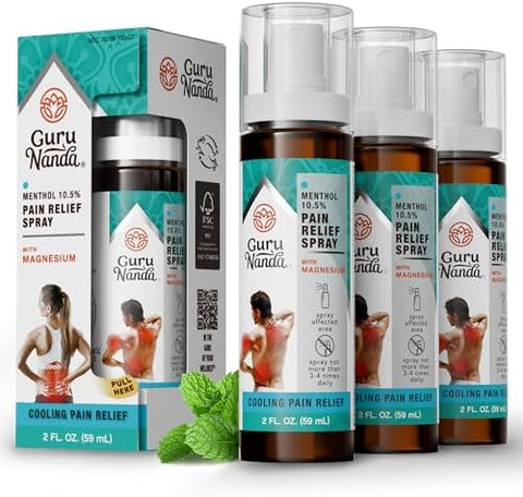 Gurunanda Menthol Pain Relief Spray With Magnesium " 10.5% Menthol Cooling Spray For Soothing Targeted Relief 2 Oz