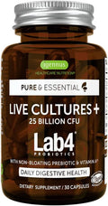 Live Cultures+ Lab4 Probiotics, Vegan Lactobacillus Acidophilus & Bifidobacterium, Guaranteed 25 Billion CFU, Plus Non-Bloating Prebiotic for Men & Women, 30 Capsules, by Igennus