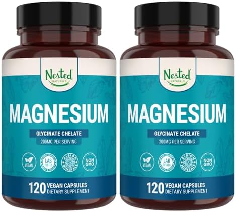 Nested Naturals Magnesium Glycinate Chelate 200Mg Chelated Magnesium Supplement For Muscle Cramps Relaxation & Sleep Support 100% Albion Traccs Buffered Magnesium Glycinate 120 Vegan Capsules