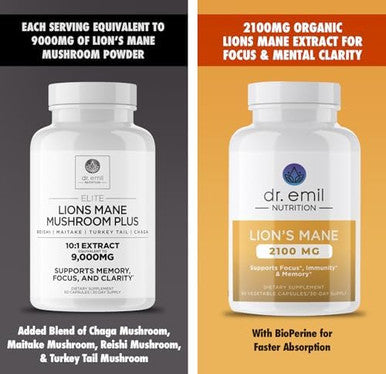 Dr. Emil Nutrition 2100Mg Organic Lions Mane Supplement Capsules Focus Mental Clarity & Cognition Nootropic Lion'S Mane Mushroom Supplement With Organic Lions Mane