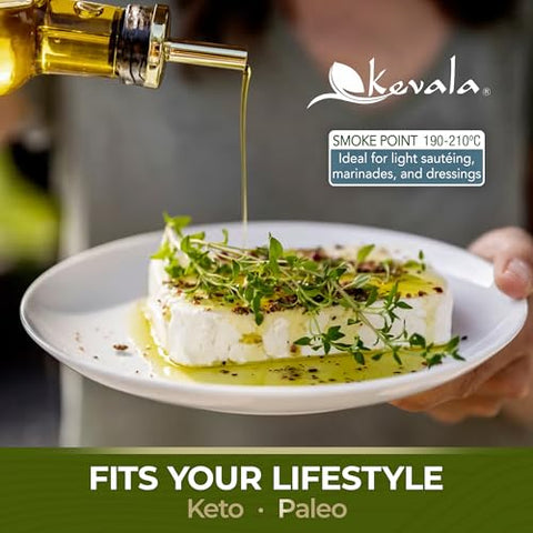 Kevala Extra Virgin Organic Olive Oil - Unrefined Cooking Oil, Cold Pressed and with no Preservatives, Made with Carefully Selected Fresh Olives, Natural Kitchen Pantry Essential, Easy Storage, 64 oz
