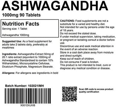 Ashwagandha Extract 1000mg 90 Tablets UK Made. Pharmaceutical Grade Supplement, Mood Stress