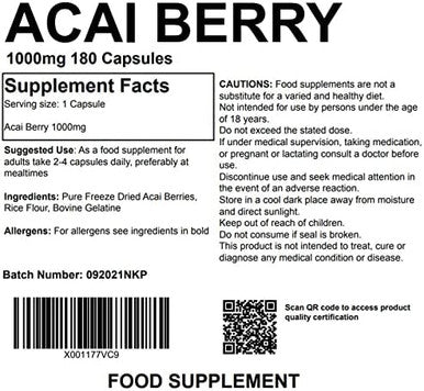 Pure Acai Berry 1000mg 180 Capsules Natural Acai Supplement Antioxidant Health UK Made