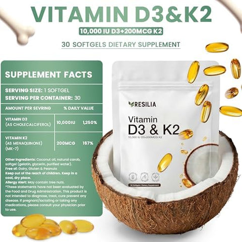 Resilia D3 K2 Vitamin 10000 IU + MK7 200 mcg High Potency Softgels with Coconut Oil for Maximum Absorption Supports Bone Strength Heart Health and Immune System (30 Count)