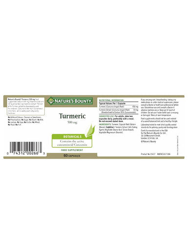 Nature's Bounty Turmeric 500 Mg Capsules - Pack Of 60 Capsules Two-A-Day - 450Mg Of Turmeric Root - Contains Curcumin - Gluten Free