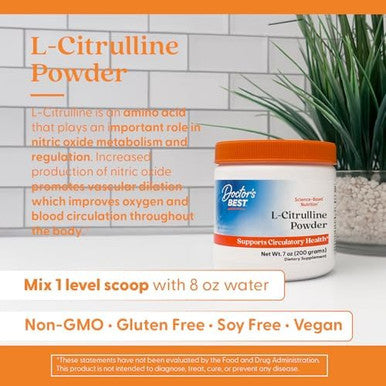 Doctors Best Lcitrulline Powder (Kyowa Quality) Supports Circulatory Health Nongmo Gluten Soy Vegan Net Wt. 7 Oz (200 Grams)