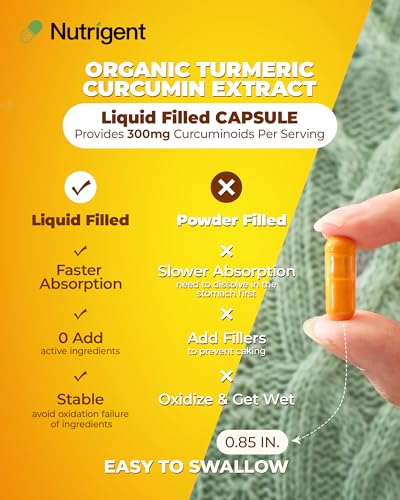 Nutrigent Usda Organic Turmeric Curcumin Supplement Turmeric Extract With Curcuminoids 300 Mg Liquid Organic Capsules Antioxidant Bone & Joint Support No-Gluten 60 Count