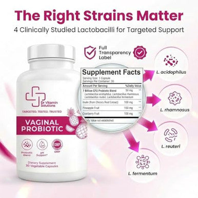 Dr Vitamin Solutions Vaginal Probiotic For Women 7 Billion Cfu Lactobacillus Blend + Prebiotic Inulin Cranberry & Pineapple Vaginal Ph & Microbiome Support Daily Women S Probiotics 30 Veg Capsules