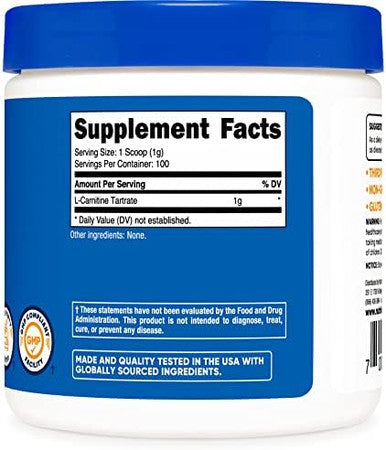Nutricost Lcarnitine Powder [100G] 3 Pack 300 Grams 1 Gram Per Serving 100 Servings Per Bottle Lcarnitine Tartrate