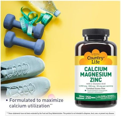 Country Life Calcium Magnesium Zinc With Vitamin D3 And L-Glutamic Acid, Dietary Supplement For Bone Support, Certified Gluten Free, 1000Mg/500Mg/50Mg, 250 Tablets