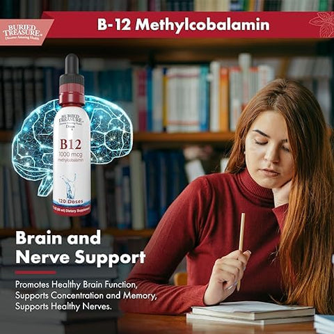 Buried Treasure B12 Drops 1000mcg Vitamin B12 Methylcobalamin per Serving 120 Servings Sublingual B12 AlcoholFree Vegan Raspberry Flavor 2 oz Bottle Graduated Dropper Accurate Dosing