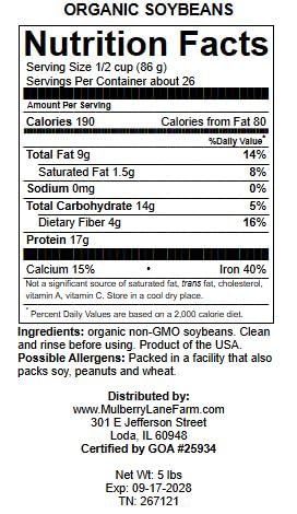 Soybeans, 5 Pounds Whole, USDA Certified Organic, Non-GMO Bulk, Product of USA, Mulberry Lane Farms
