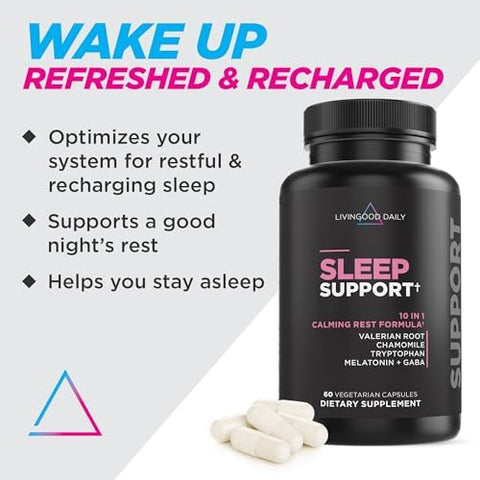 Livingood Daily Sleep Support Supplement 10-In-1 Natural Sleep Aid With 5 Mg Melatonin Valerian Root Chamomile Tryptophan & Gaba For Men & Women Non Habit Forming Gluten Vegan 60 Capsules