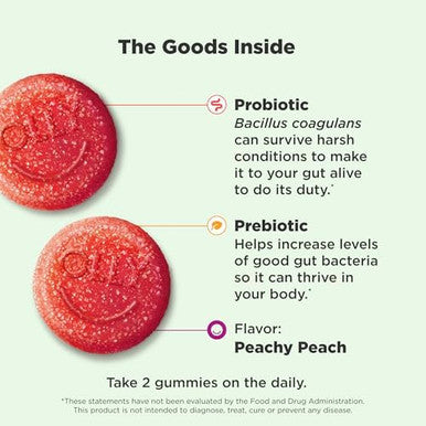 Olly Probiotic + Prebiotic Gummy Digestive Support And Gut Health 500 Million Cfus Fiber Adult Chewable Supplement For Men And Women Peach 30 Day Supply 30 Count