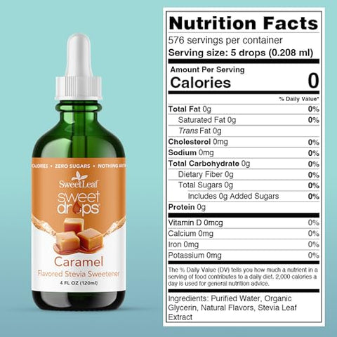 SweetLeaf Sweet Drops Flavored Stevia Liquid Sweetener Organic Stevia Extract Zero Calorie Keto Friendly Non GMO Natural Flavor Sugar Alternative Caramel 4 Fl Oz (Pack of 1)