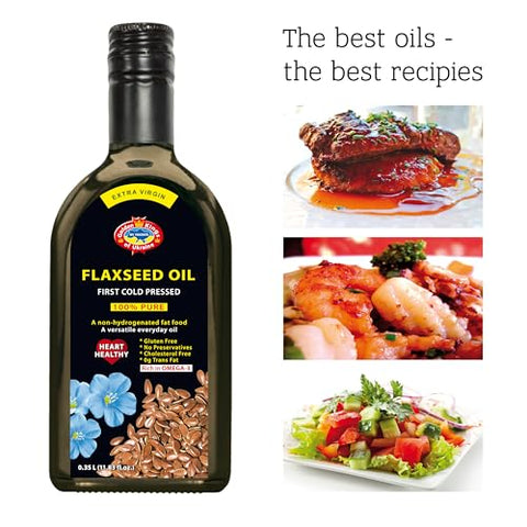 Flax Seed Cooking Oil - Amber Glass Bottle - Extra Virgin, Cold Pressed Flaxseed Oil Unrefined and Non-Deodorized Pure Essential 11.83 OZ