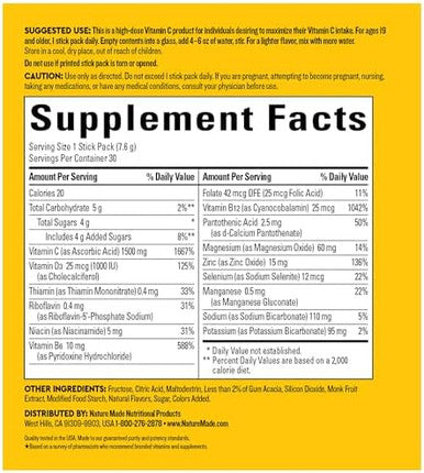 Nature Made Wellblends Immunemax Fizzy Drink Mix, Vitamin C 1500Mg, Zinc 15 Mg, Vitamin D3 1000 Iu (25 Mcg), Plus B Vitamins And Electrolytes Hydration Blend, 30 Stick Packs