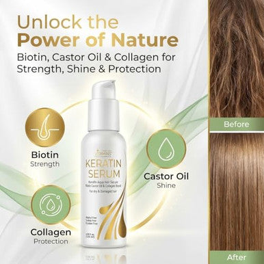 Vitamins Hair Cosmetics Keratin Hair Serum With Biotin Castor Oil & Collagen - Anti-Frizz Heat Protectant & Leave-In Shine Treatment For Dry Damaged Color-Treated Hair - ( ) 4.25 Fl Oz 125Ml