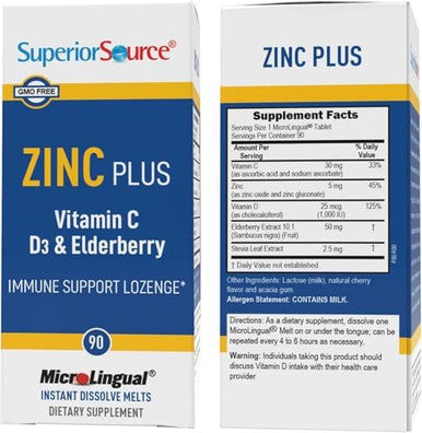 Superior Source Zinc Plus Lozenges, With Vitamin C (30 Mg), D3 (1,000 Iu), Elderberry Extract, Quick Dissolve Microlingual Tablets, 90 Ct, Promote A Healthy Immune System & Antioxidant Support Non-Gmo