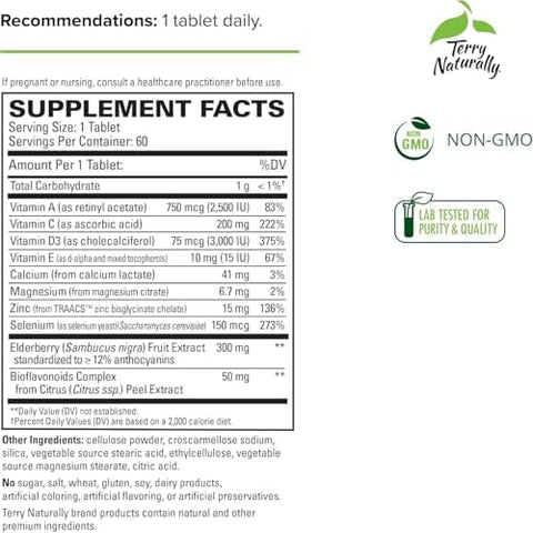 Terry Naturally Virapro Supplement With Herbal Blend For Immune Support Supplement With Elderberry Zinc & Selenium Support Immune Response 60 Tablets (2 Pack)