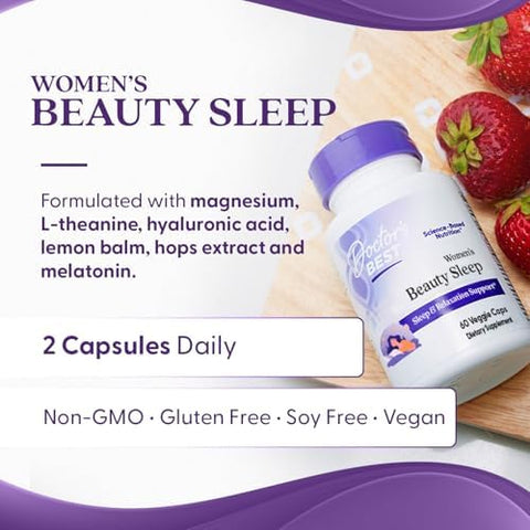 Doctors Best Womens Beauty Sleep With Magnesium Theanine Melatonin Sleep and Relaxation Support NonGmo Gluten Soy Vegan 60 Veggie Caps