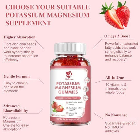 Lukaree Magnesium Potassium Supplement Gummies Formula Calm Magnesium Glycinate Gummies & Potassium Citrate 200 Mg Plus Omega 3 B6 D3 K2 & Calcium For Zzz Leg Cramps & Muscle 120 Count