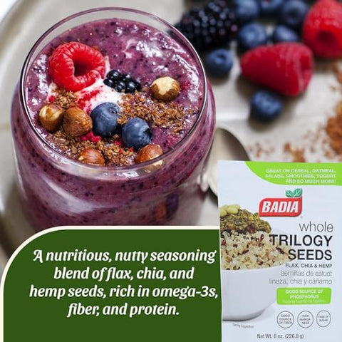 Badia Trilogy Health Seed, Flax, Chia, Hemp Seeds Blend, 8 oz ÃƒÂ¢Ã¢â€šÂ¬Ã¢â‚¬Å“ High Fiber Superfood Mix, Omega-3