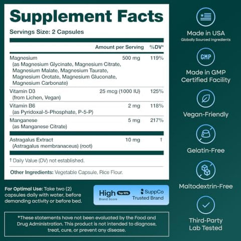 Magnesium Complex for Women and Men 500mg (7in1) Magnesium Glycinate with D3 and B6 Glycinate Citrate Malate Taurate and Orotate Daily Wellness Support 60ct [OxideFree]