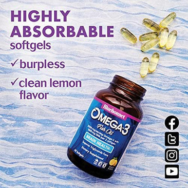 Bluebonnet Nutrition Omega3 Brain Formula Natural Wild Caught Triglyceride Form Dha 1000 Mg Epa 210 Mg Highly Concentrated Cognitive Health & Wellness Support Supplement120 Count