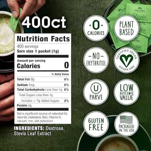 Dolce Vitta Organic Stevia Packets 400 Count Zero Calorie Natural Sweetener USDA Organic NonGMO Kosher Keto Friendly Vegan GlutenFree