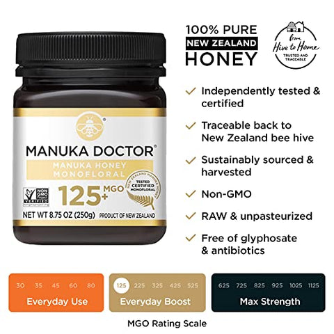 MANUKA DOCTOR - Manuka Honey MGO 80+ Multifloral & MGO 125+ Monofloral Value Bundle, 100% Pure New Zealand Honey. Certified. Guaranteed. RAW. Non-GMO, 2 x 8.75oz Pots
