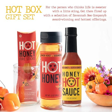 Savannah Bee Company Hot Honey Box Gift Set - Award-Winning Honey Collection - Includes Hot Honey, Sauce, and Fire Sticks - Perfect Gourmet Gift for Spice Lovers