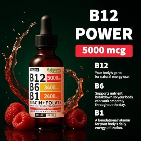 (4 Pack) Vitamin B12 and B6 Liquid Drops B12 Sublingual Vitamin B Complex B 12 Vitamin 5000mcg B12 Methylcobalamin for Energy Brain and Heart Support with 27200 mcg Raspberry 80 Servings