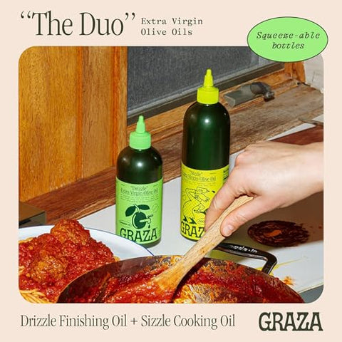 Graza Extra Virgin Olive Oil Variety Pack, Sizzle & Drizzle - High Polyphenol Peak Harvest EVOO Cooking & Finishing Oil in a Squeeze Bottle - Single Farm Olives from Spain