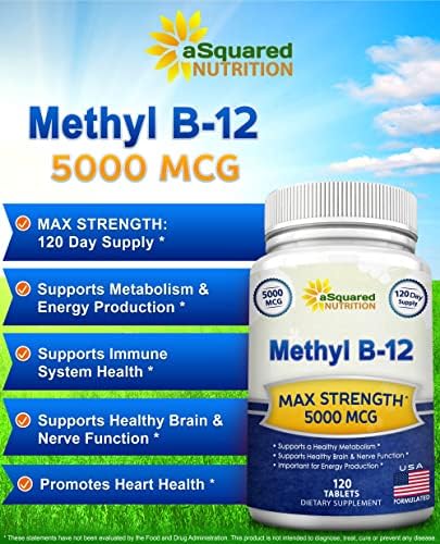 aSquared Nutrition Vitamin B125000 MCG Supplement with Methylcobalamin (Methyl B12) Max Strength Vitamin B 12 Support to Help Boost Natural Energy Benefit Brain and Heart Function 120 Tablets