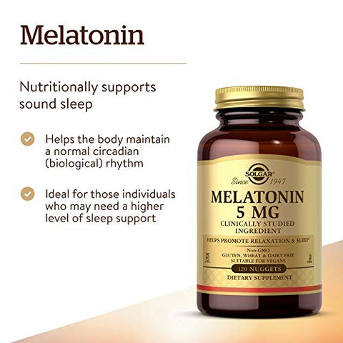 Solgar Melatonin 5 Mg 120 Nuggets - Helps Promote Relaxation & Rest - Clinically Studied Melatonin - Vegan Gluten Free Dairy Free Kosher 120 Servings