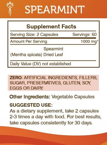 Secrets of the Tribe Spearmint Capsules 1000 mg Spearmint (Mentha spicata) Dried Leaf, Women's Hormone Support Supplement (120 Capsules)