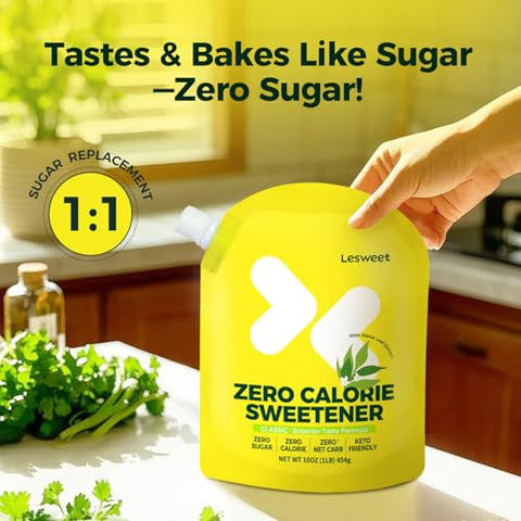 Lesweet Monk Fruit Sweetener 16 oz and Lesweet Classic Zero Calorie Sweetener, Erythritol Sweetener with Stevia Extract 16 oz