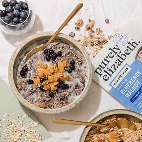 Purely Elizabeth, Blueberry Walnut, Superfood Oatmeal Pouch 8oz (8oz Bag), Collagen, Gluten-Free, Organic Oats (Pack of 2)