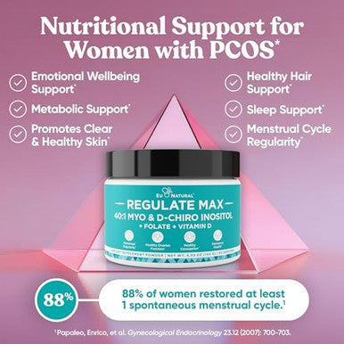 Eu Natural Regulate Max Myo-Inositol & D-Chiro Inositol Supplement Powder For Women With Vitamin D & Folate Pcos Nutritional Support, Hormone Balance & Fertility Support, Unflavored 60 Servings