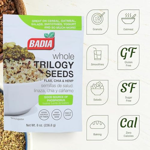 Badia Trilogy Health Seed, Flax, Chia, Hemp Seeds Blend, 8 oz ÃƒÂ¢Ã¢â€šÂ¬Ã¢â‚¬Å“ High Fiber Superfood Mix, Omega-3