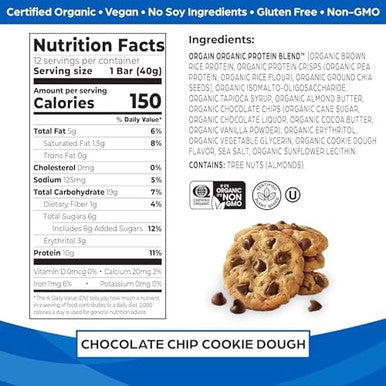 Orgain Organic Vegan Protein Bars Chocolate Chip Cookie Dough 10G Plant Based Protein Low Calorie Healthy Snacks No Lactose Or Soy Ingredients Gluten Nongmo 1.41 Oz (Pack Of 12)