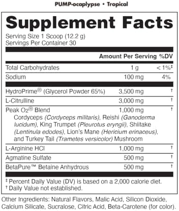 Bucked Up Pump-Ocalypse Tropical Nitric Oxide And L Arginine Supplement With Citrulline Malate Glycerpump Ultimate N.O. Booster Lean Muscle Support For Blood Flow Vascularity Hydration And Endurance