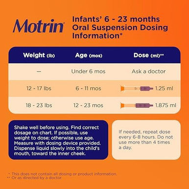 Motrin Infants' Ibuprofen Fever Reducer Dye and Alcohol Free Concentrated Drops Oral Suspension Includes Clear Syringe with Markings for Dose Measuring Berry Flavor